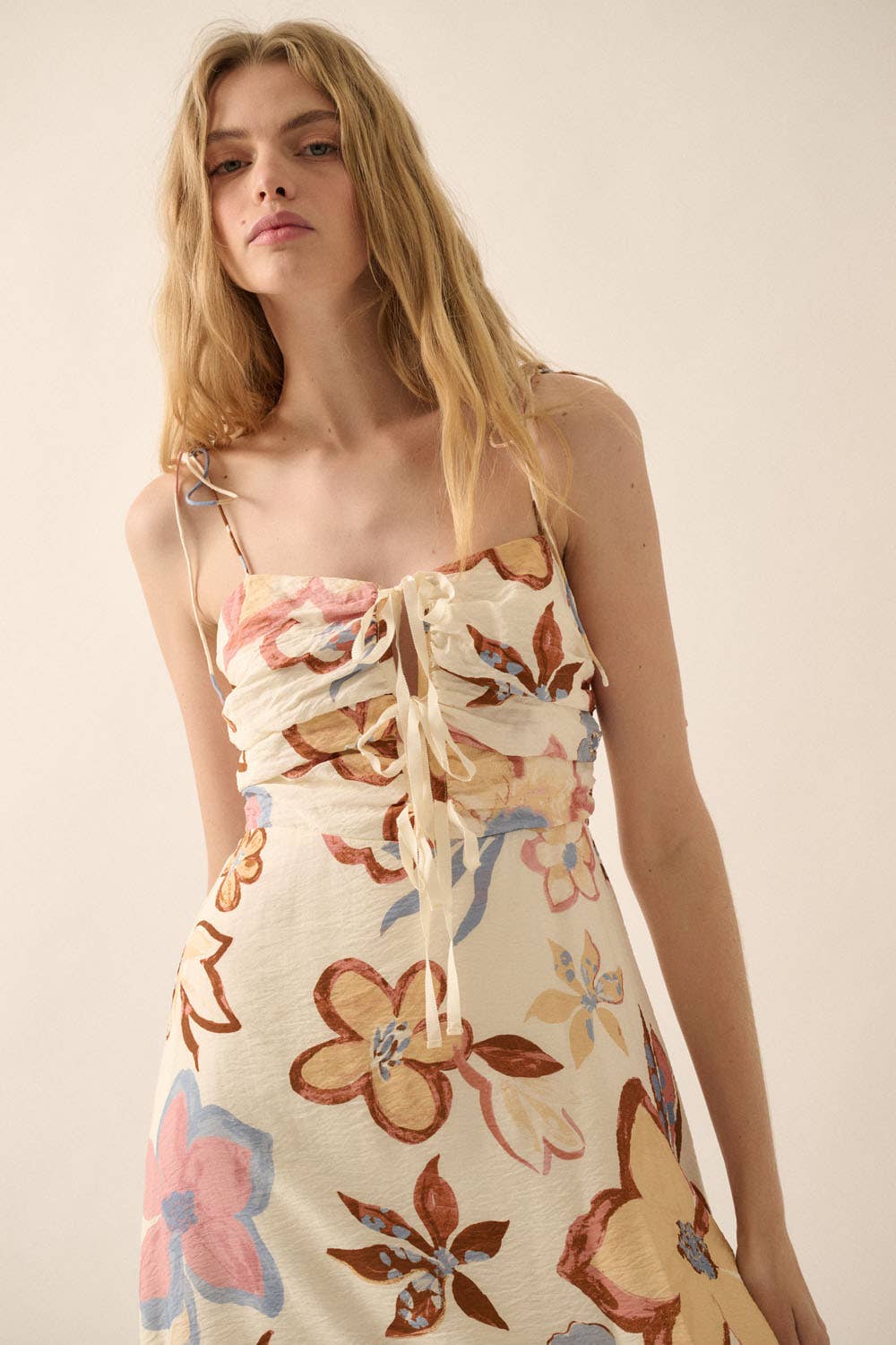 Meadow Bloom Tie-Front Ruffle Hem Midi Dress