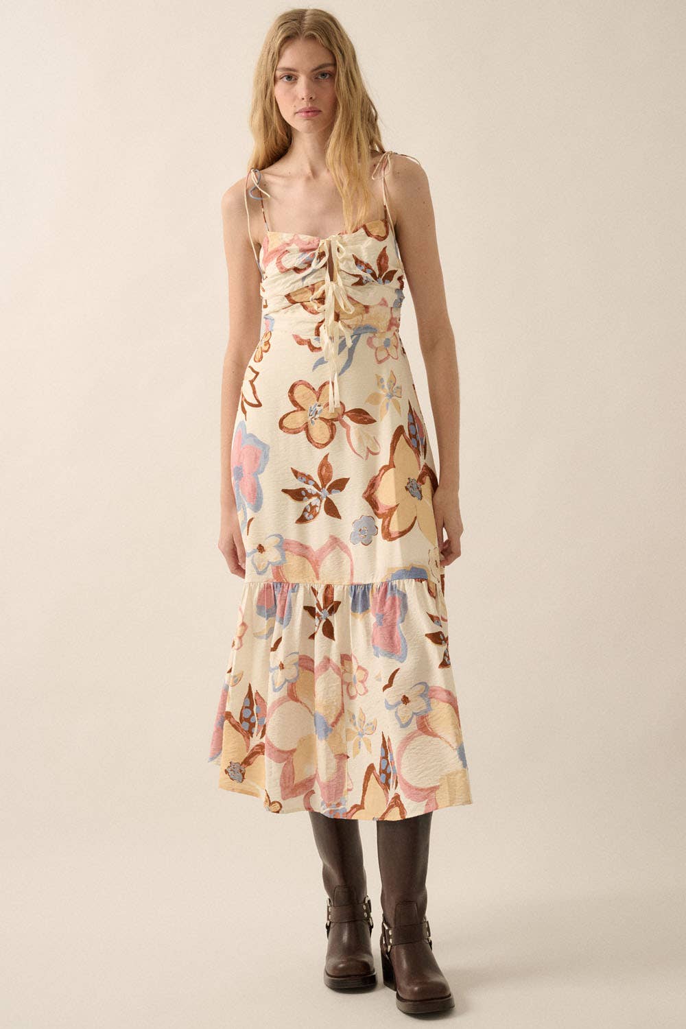 Meadow Bloom Tie-Front Ruffle Hem Midi Dress