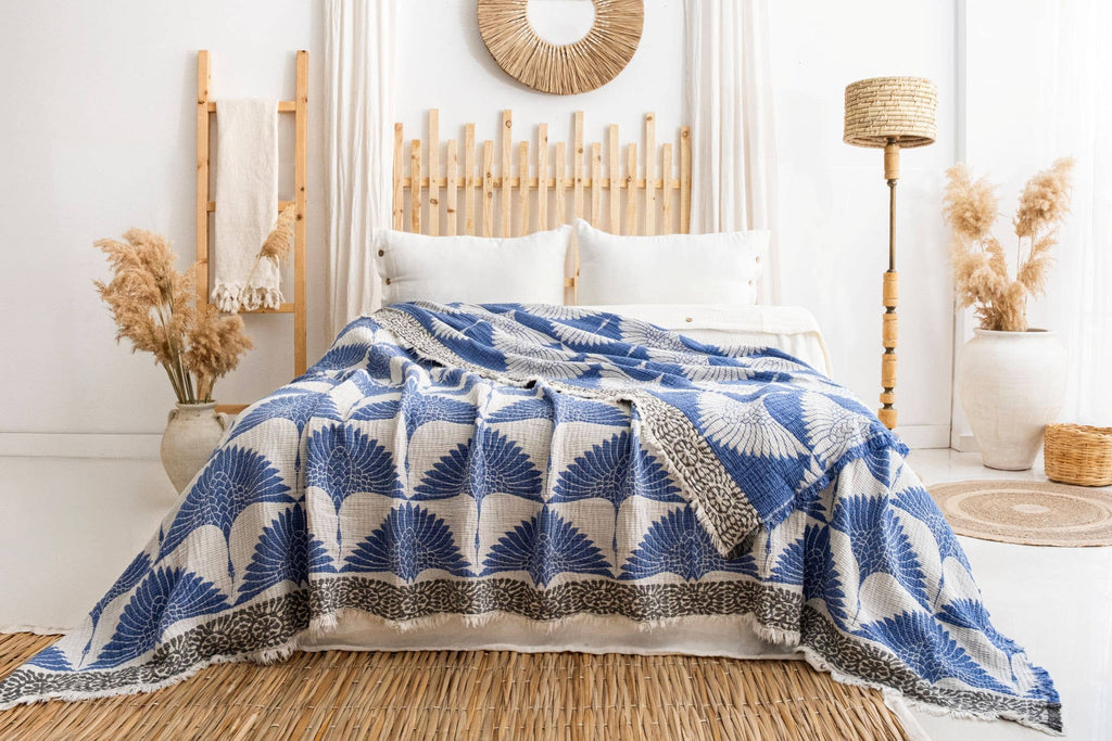 Blue Crane Muslin Cotton Blanket – Lightweight Turkish Bed Cover