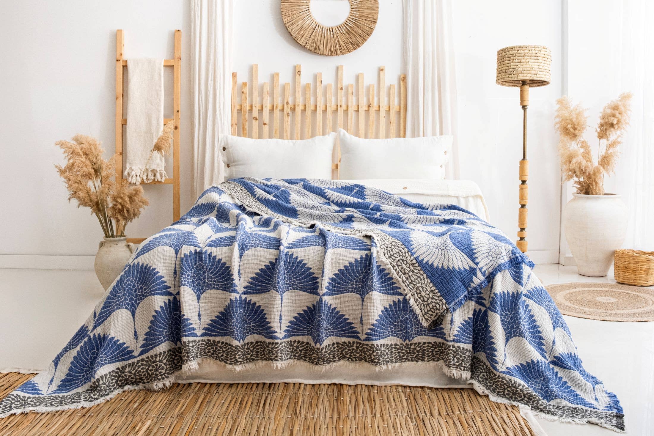 Blue Crane Muslin Cotton Blanket – Lightweight Turkish Bed Cover