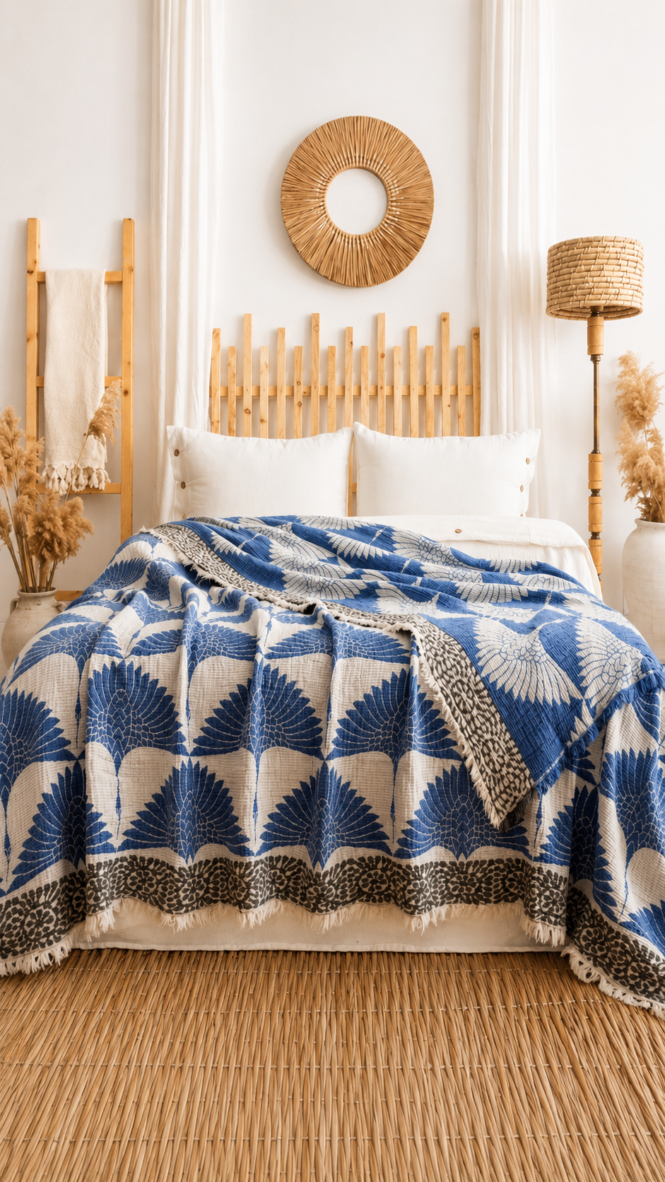 Blue Crane Muslin Cotton Blanket – Lightweight Turkish Bed Cover