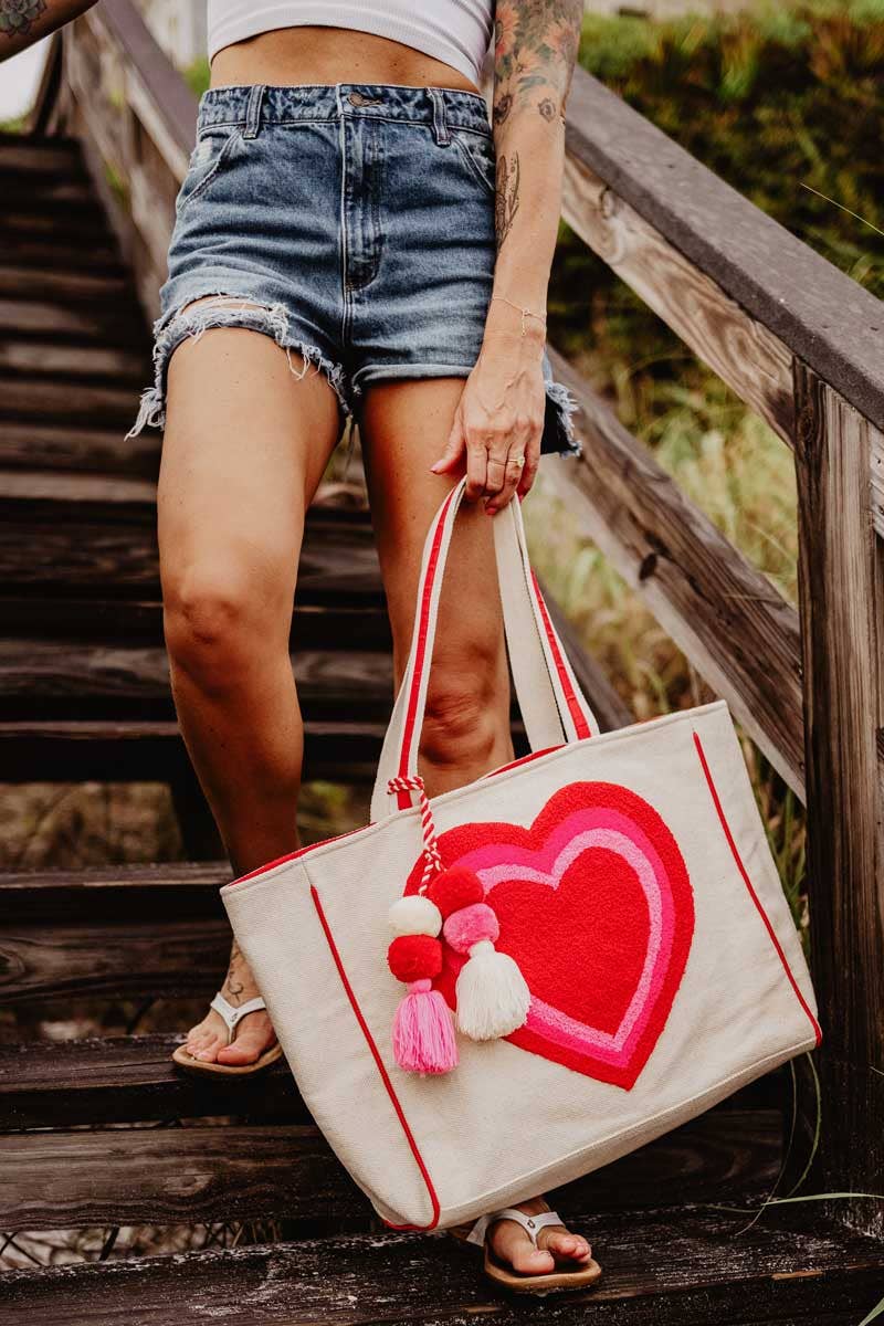 Embroidered Heart Canvas Tote – Structured Oversized Carryall