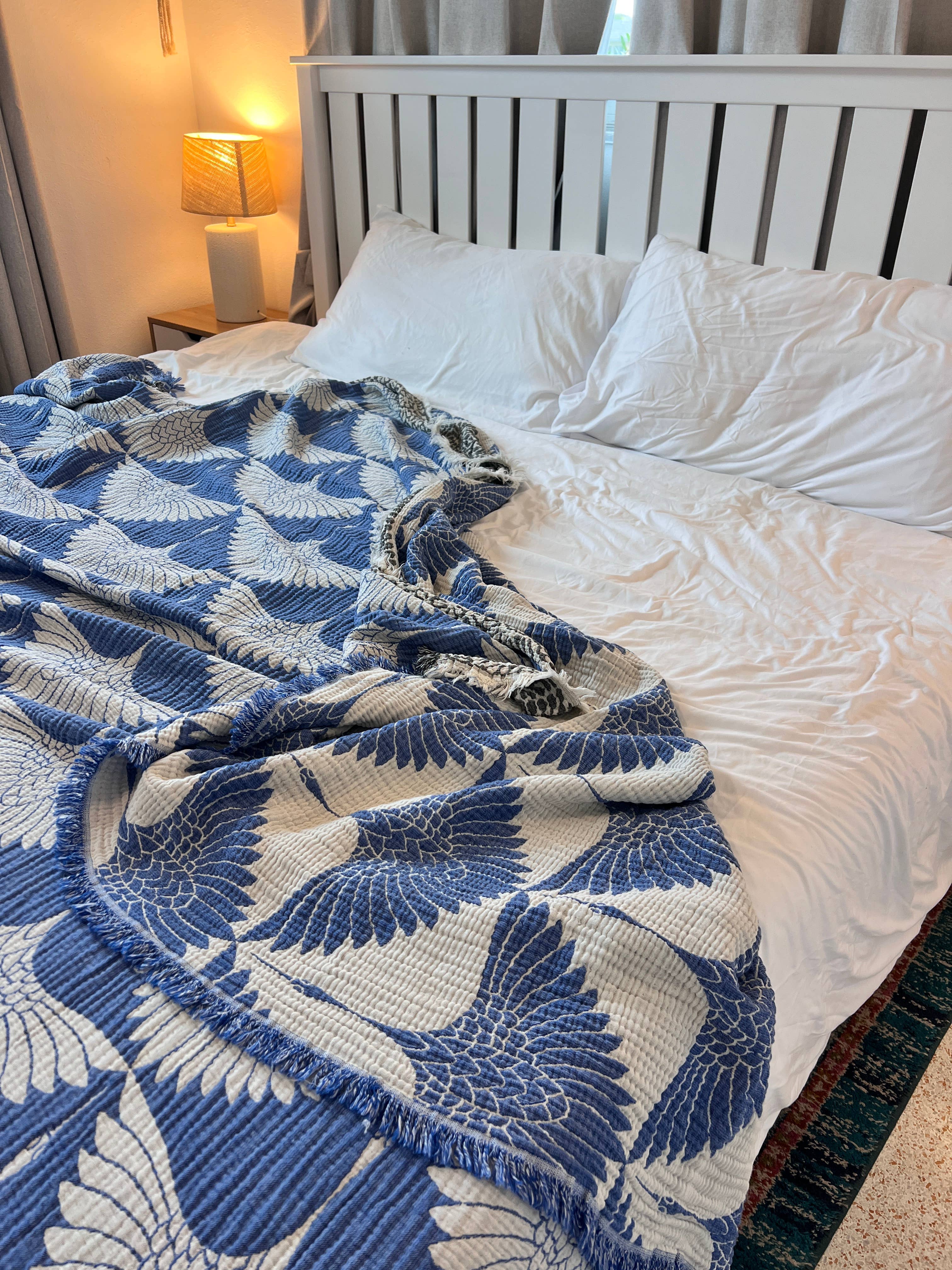 Blue Crane Muslin Cotton Blanket – Lightweight Turkish Bed Cover