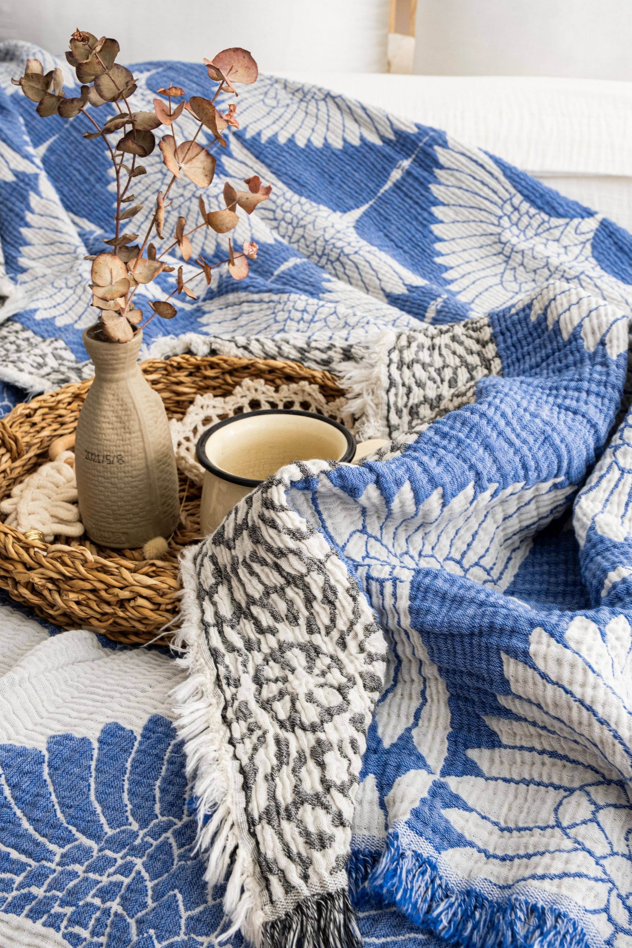 Blue Crane Muslin Cotton Blanket – Lightweight Turkish Bed Cover