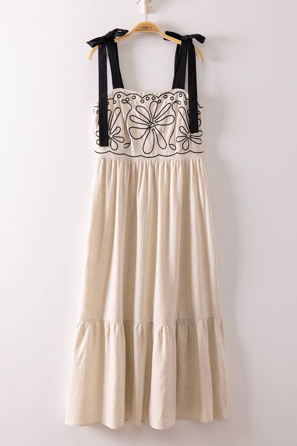 Embroidered Linen Blend Midi Dress – Sleeveless Tie Shoulder (Ivory)