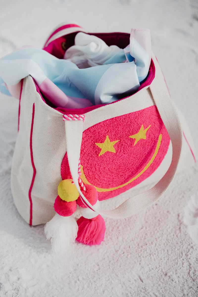 Embroidered Star Smile Canvas Tote – Structured Oversized Carryall