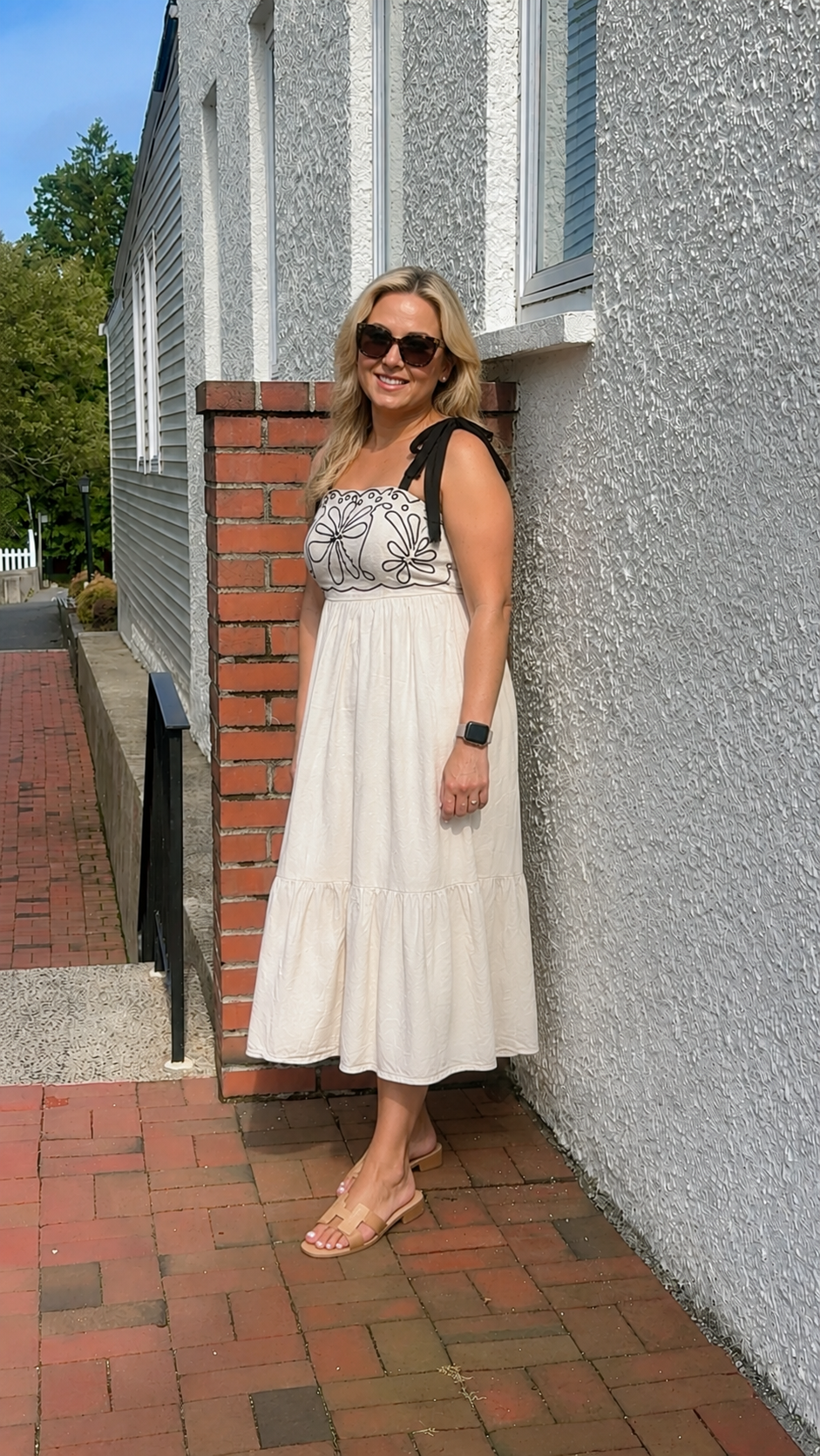 Embroidered Linen Blend Midi Dress –  Tie Shoulder