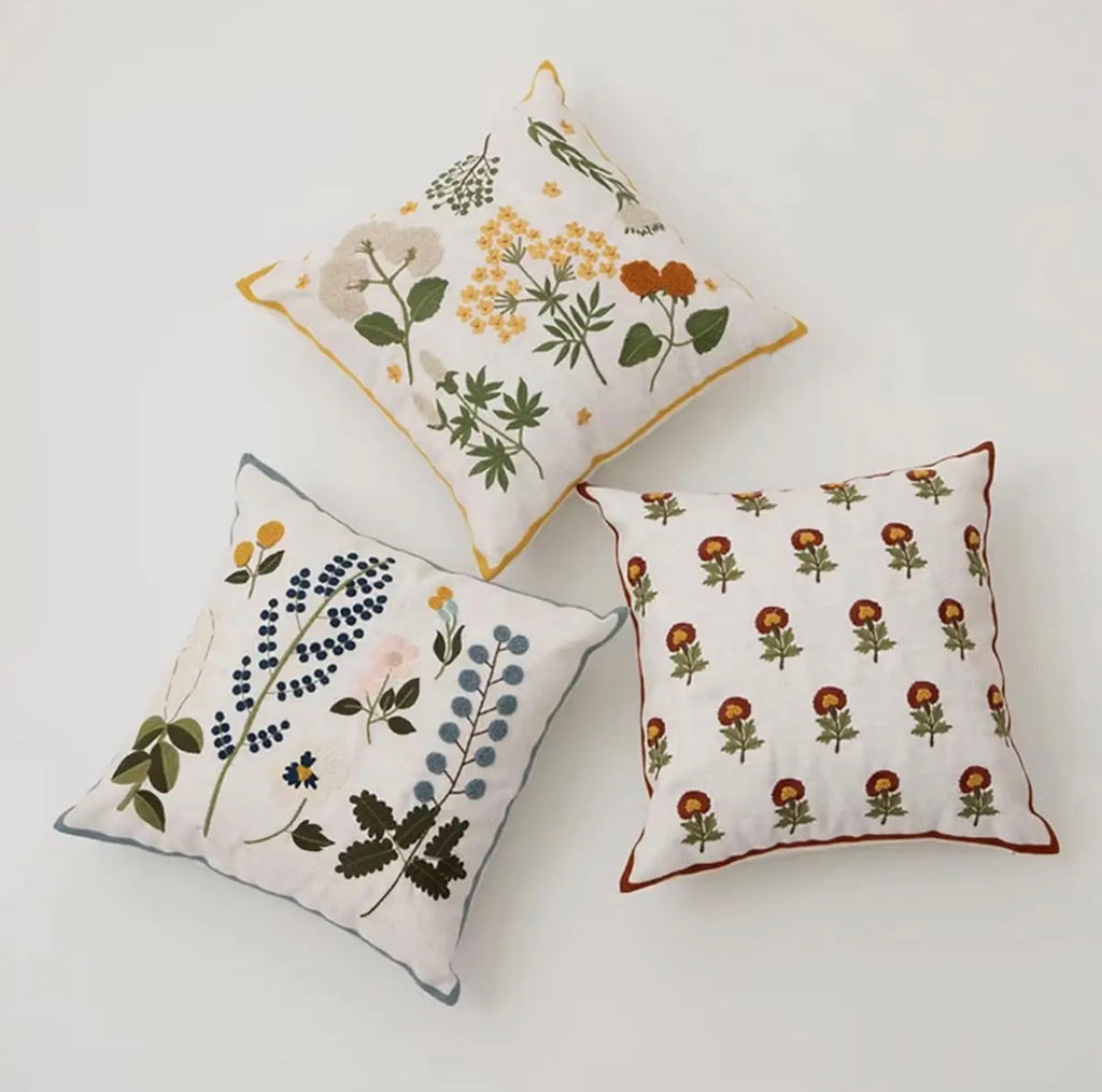 Botanical Meadow Embroidered Pillow 18”x18”