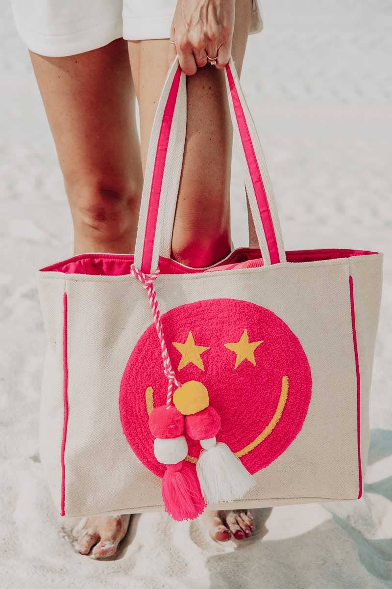 Embroidered Star Smile Canvas Tote – Structured Oversized Carryall