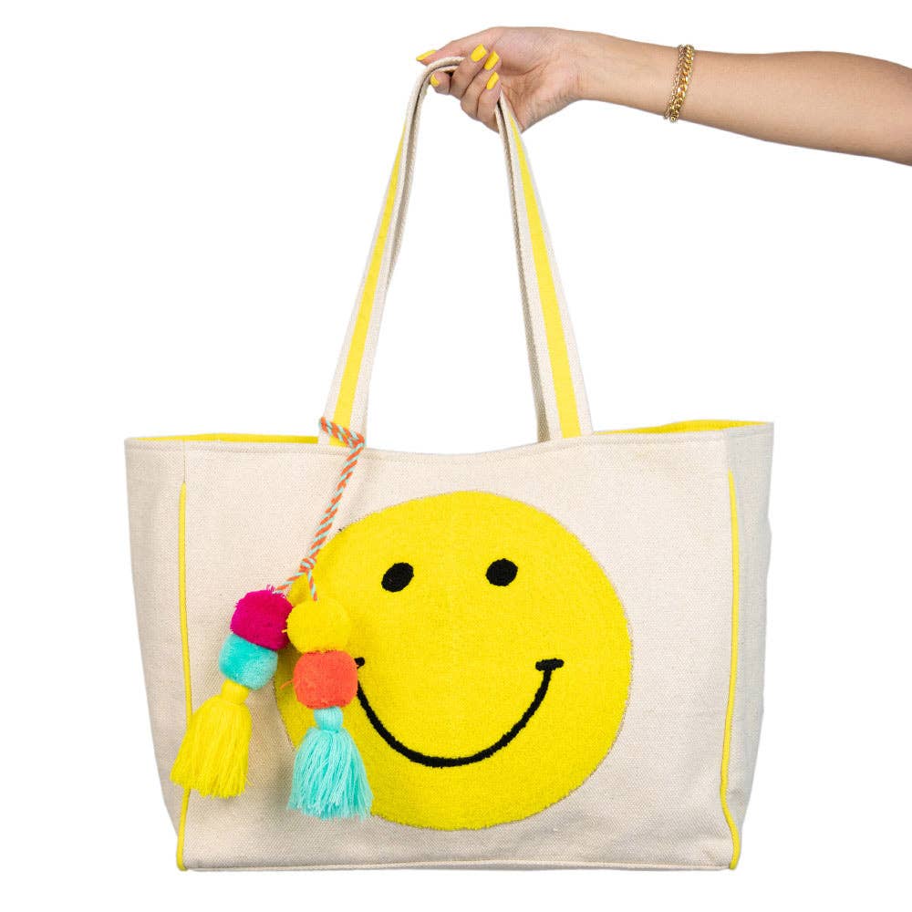 Embroidered Smile Canvas Tote – Structured Oversized Carryall