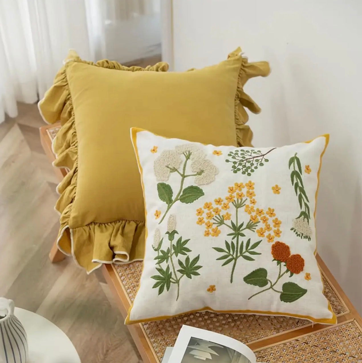 Botanical Meadow Embroidered Pillow 18”x18”