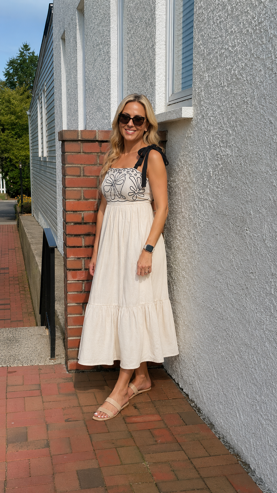 Embroidered Linen Blend Midi Dress –  Tie Shoulder