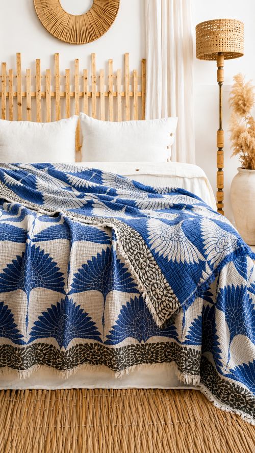 Blue Crane Muslin Cotton Blanket – Lightweight Turkish Bed Cover