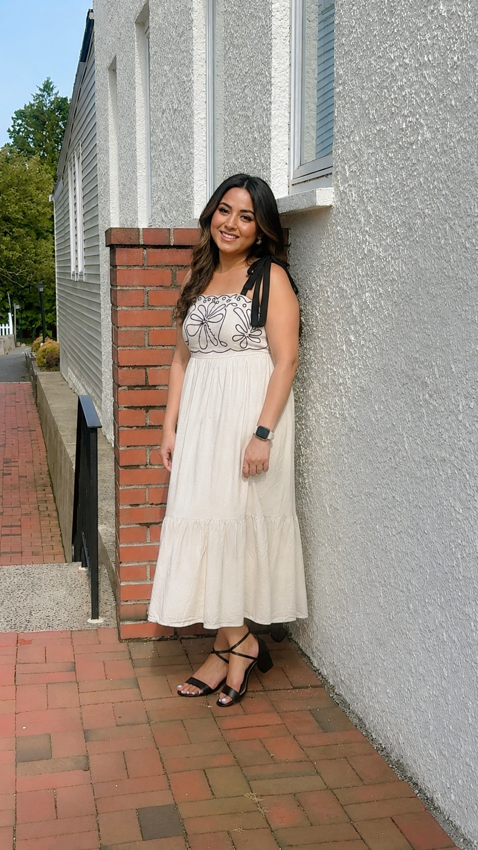 Embroidered Linen Blend Midi Dress –  Tie Shoulder