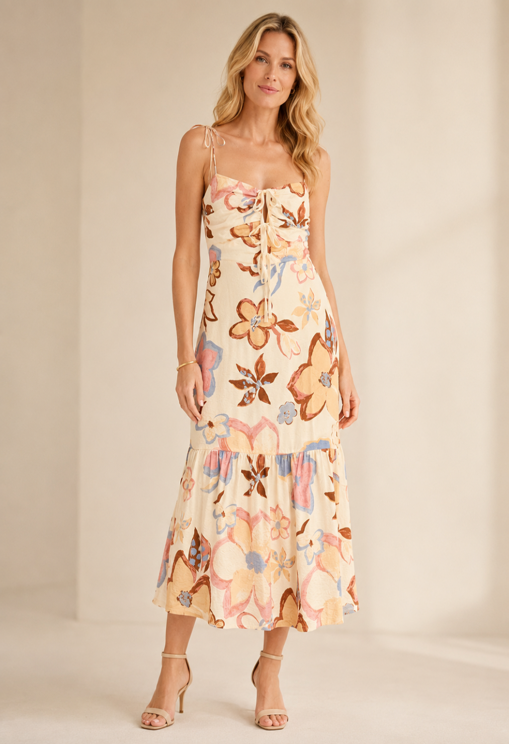 Meadow Bloom Tie-Front Ruffle Hem Midi Dress