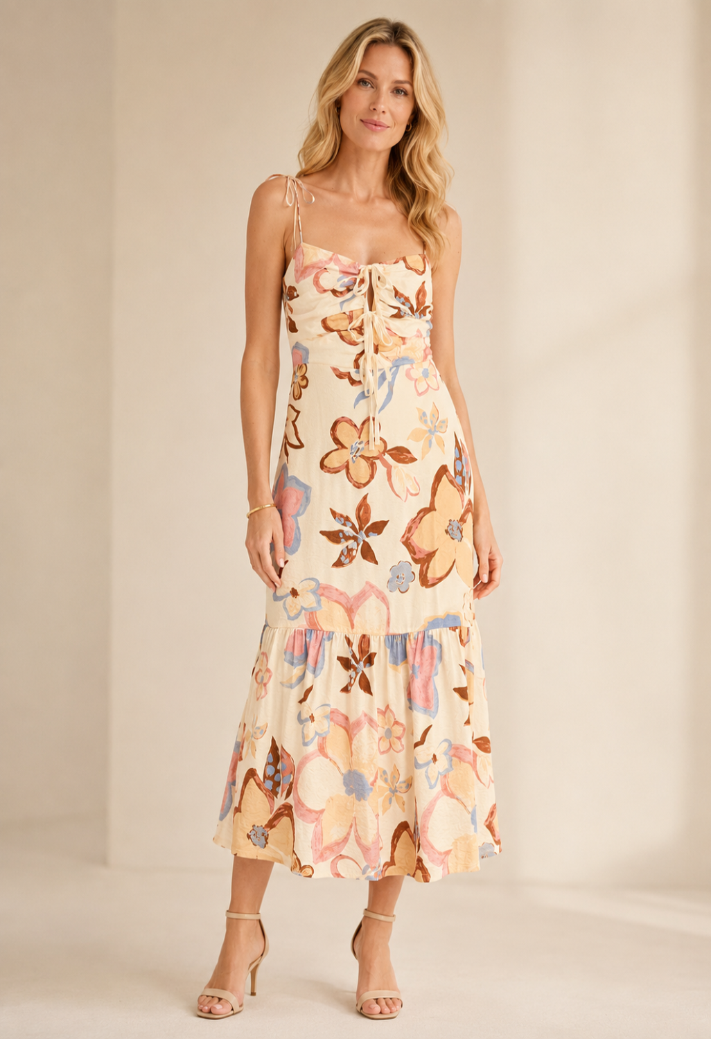 Meadow Bloom Tie-Front Ruffle Hem Midi Dress