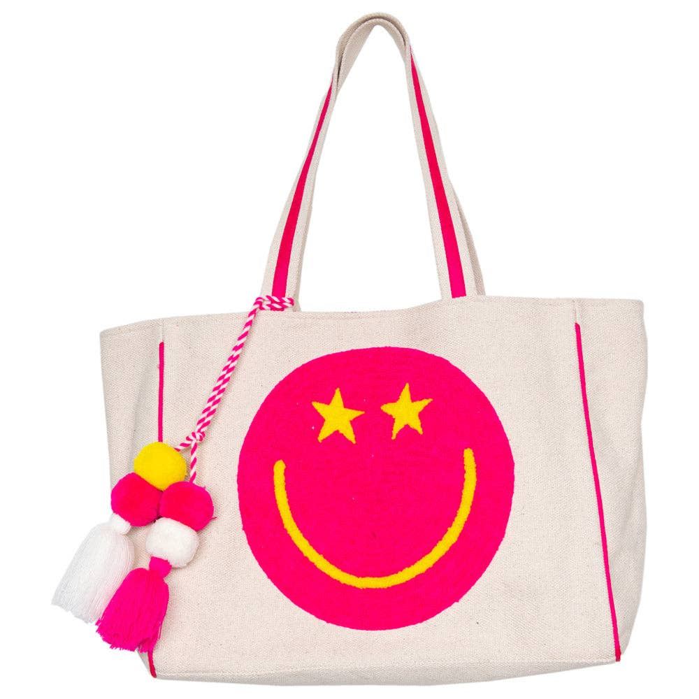 Embroidered Star Smile Canvas Tote – Structured Oversized Carryall