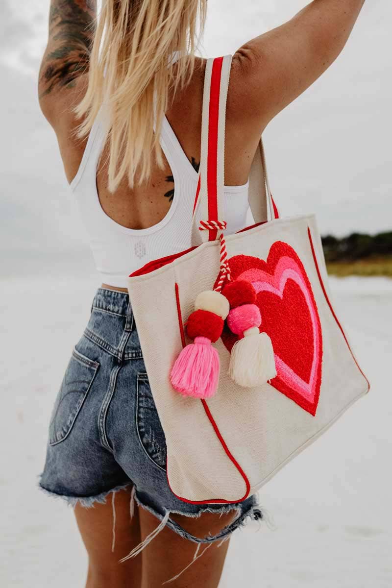 Embroidered Heart Canvas Tote – Structured Oversized Carryall