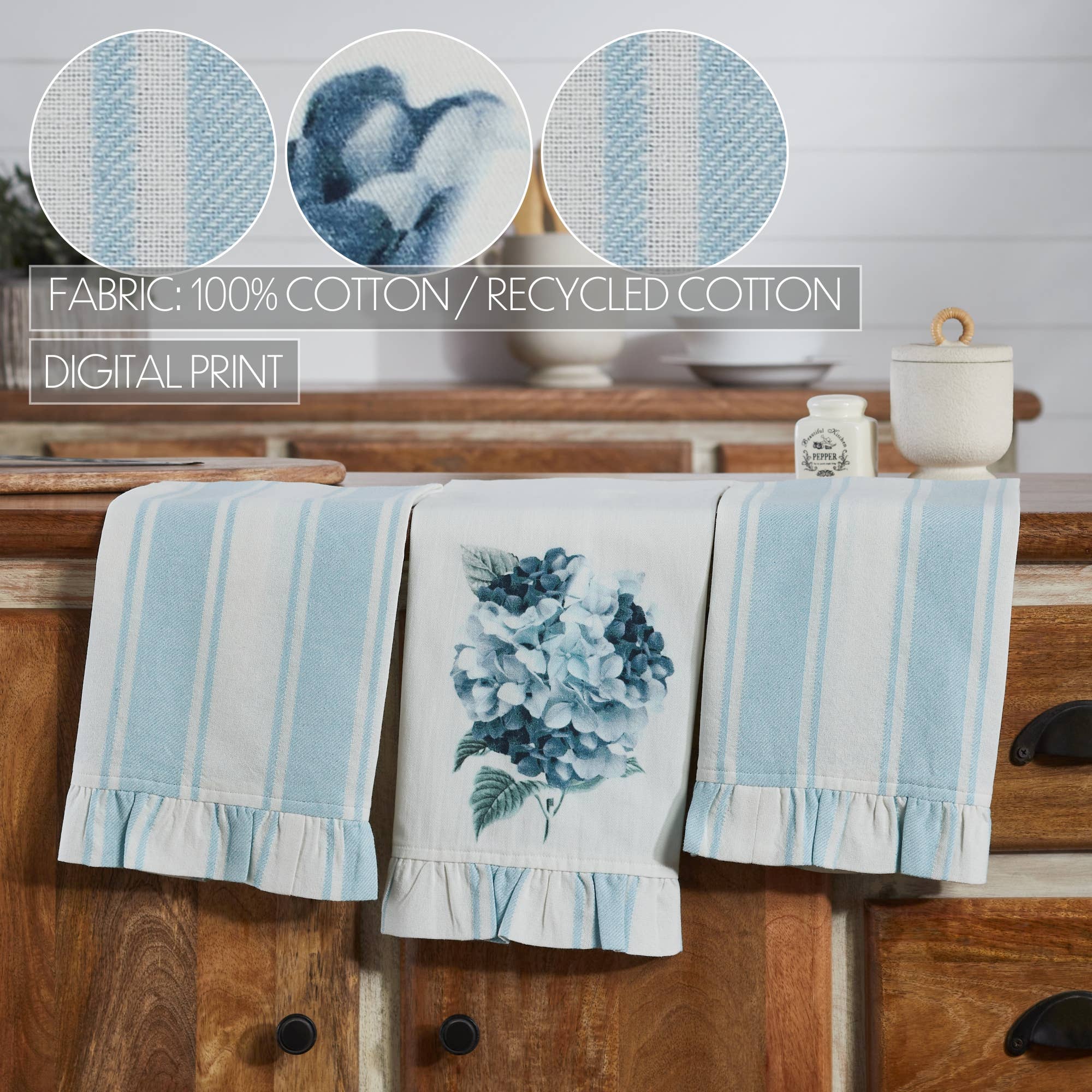 Botanical Blue Kitchen Linen Set –  Pot Holders & Ruffled Tea Towels (5-Piece Set)