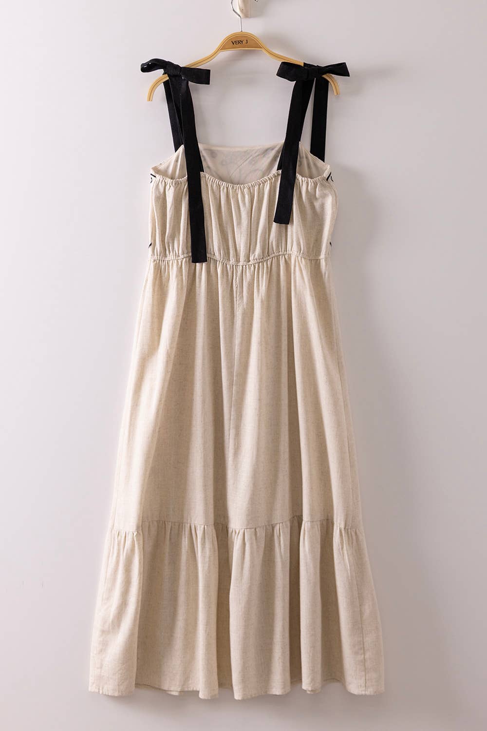 Embroidered Linen Blend Midi Dress – Sleeveless Tie Shoulder (Ivory)