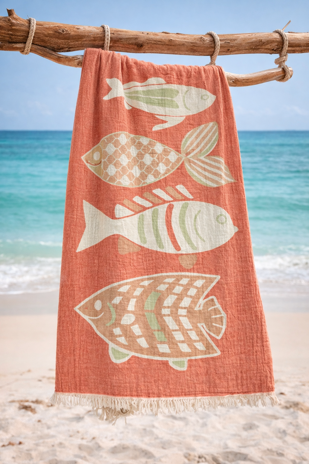 Fish Pattern Turkish Cotton Beach Towel – Lightweight Muslin Travel Wrap