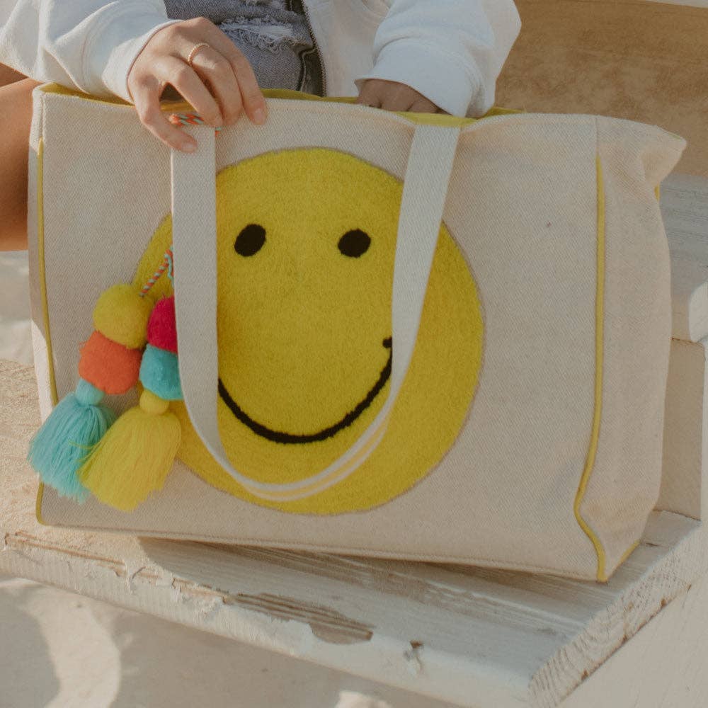 Embroidered Smile Canvas Tote – Structured Oversized Carryall