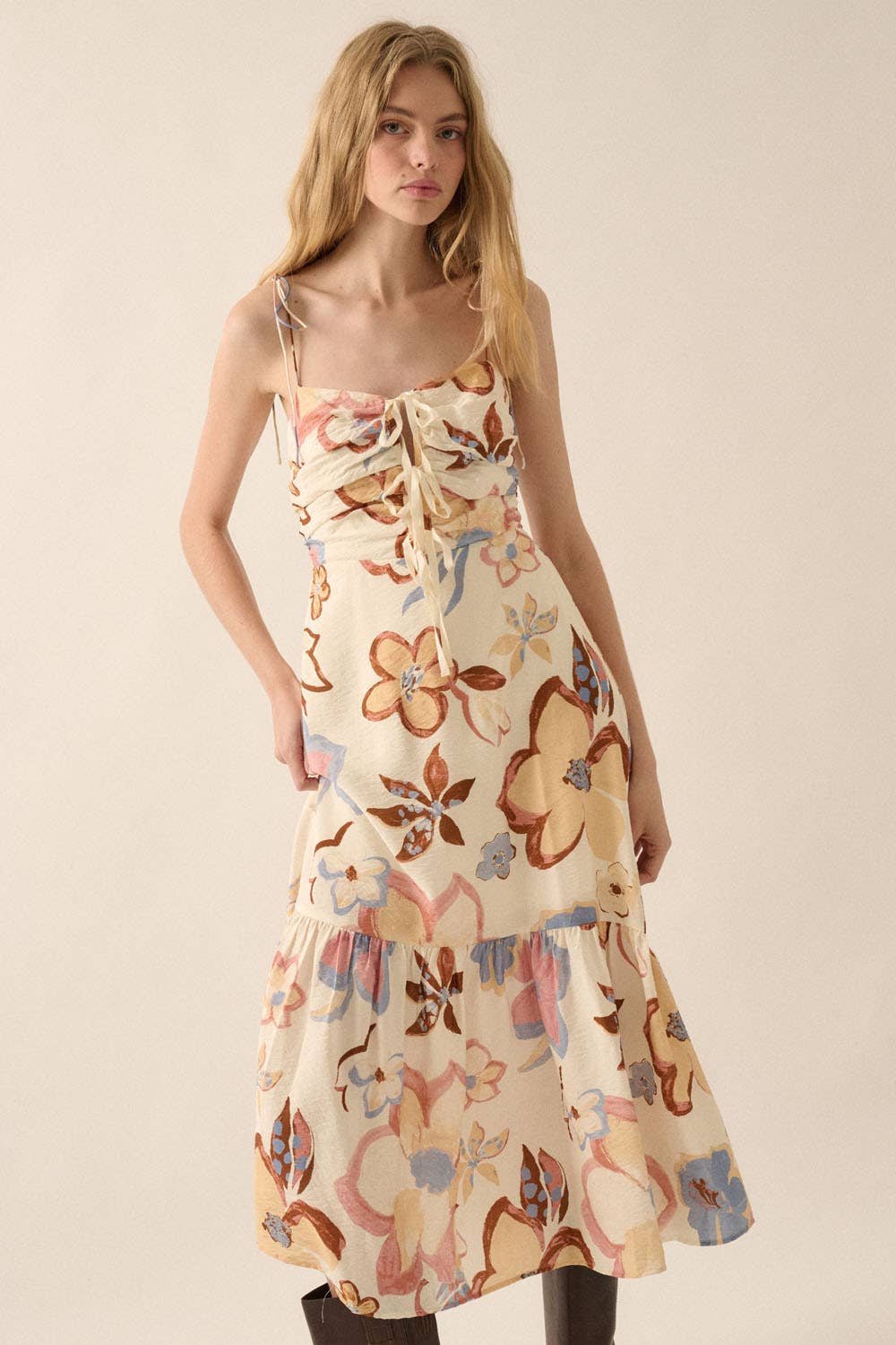 Meadow Bloom Tie-Front Ruffle Hem Midi Dress