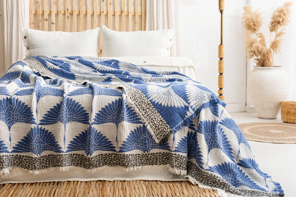 Blue Crane Muslin Cotton Blanket – Lightweight Turkish Bed Cover
