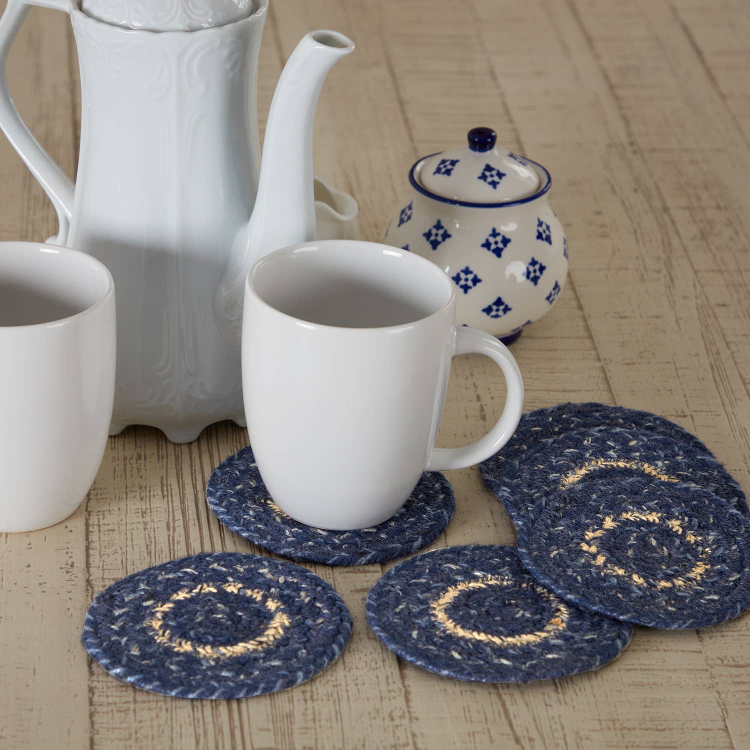 Botanical Blue Coaster Set – Braided Jute (Set of 6)