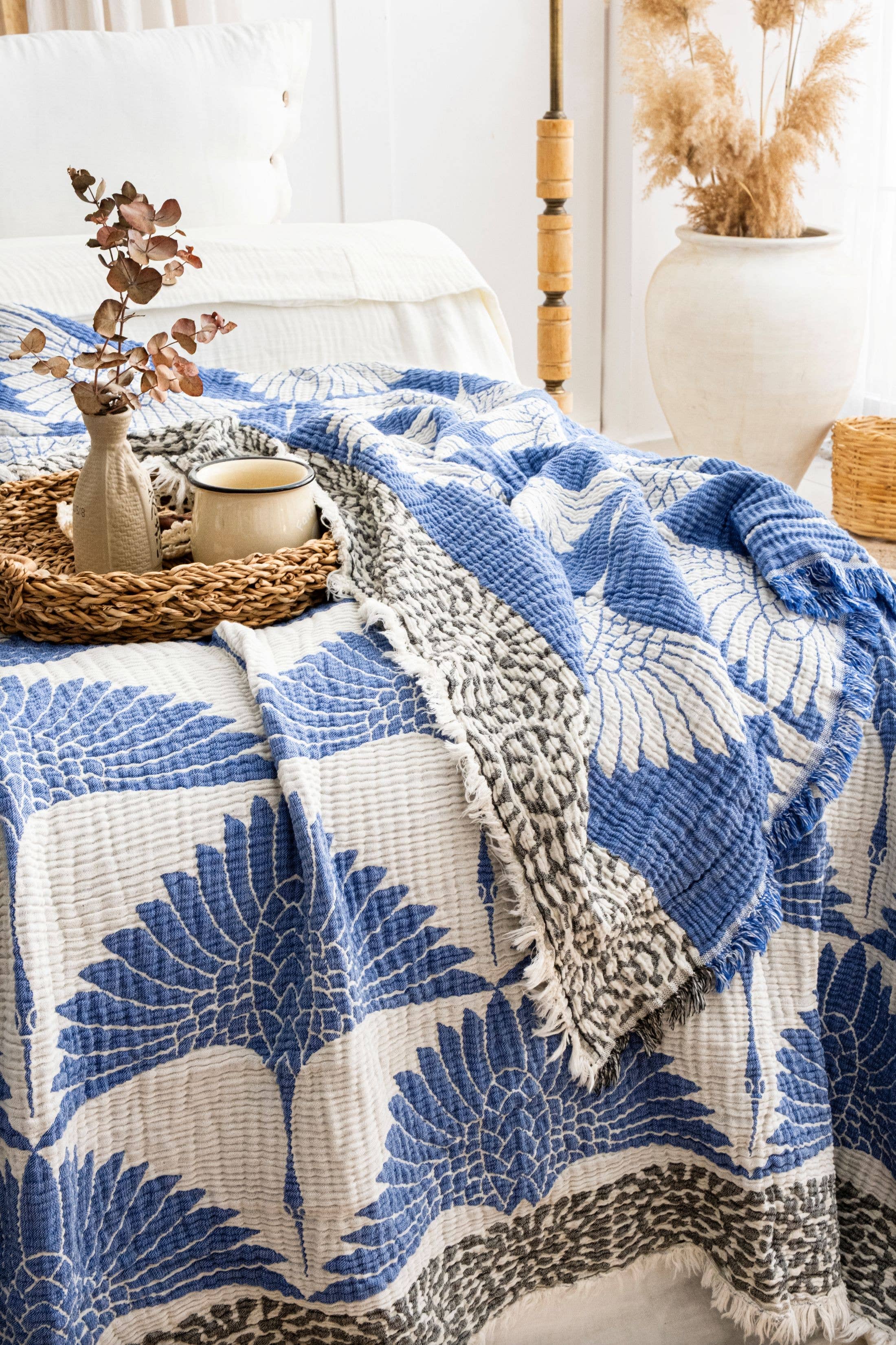 Blue Crane Muslin Cotton Blanket – Lightweight Turkish Bed Cover